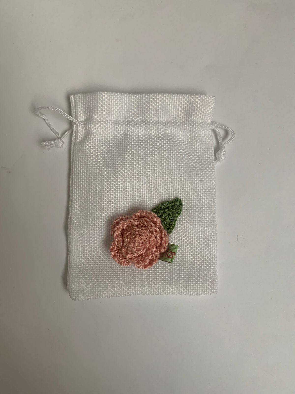 White Linen Pouch with crochet flower Florchet